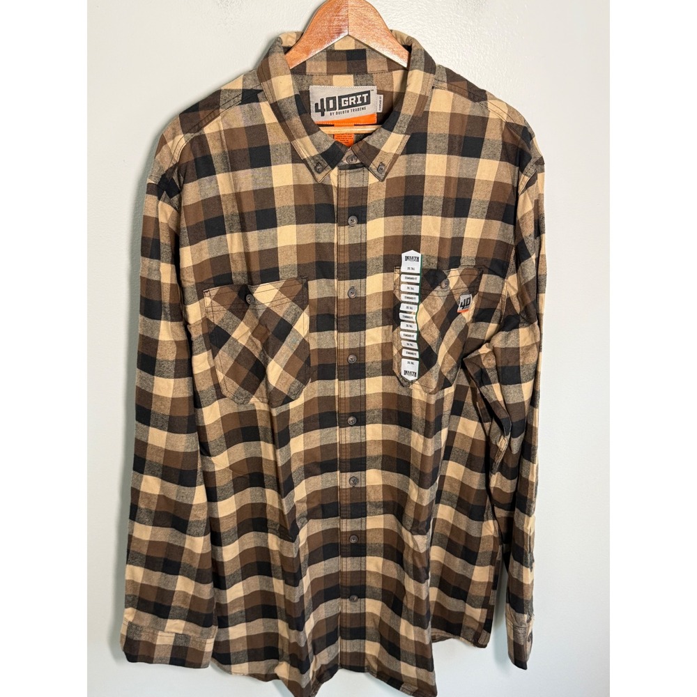 40 Grit Duluth Trading Co Mens 2XL Tall Flannel Work Shirt Brown Plaid 23138